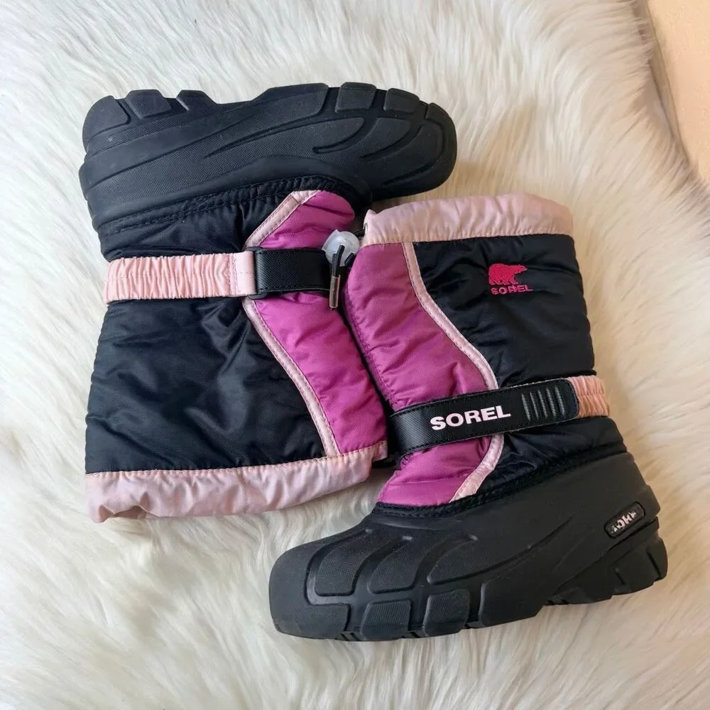 Sorel Flurry Pink Black Winter Lined Snow Boots Size 2
